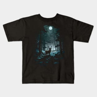 Winter Woods Deer - Night Snow and Moon Kids T-Shirt